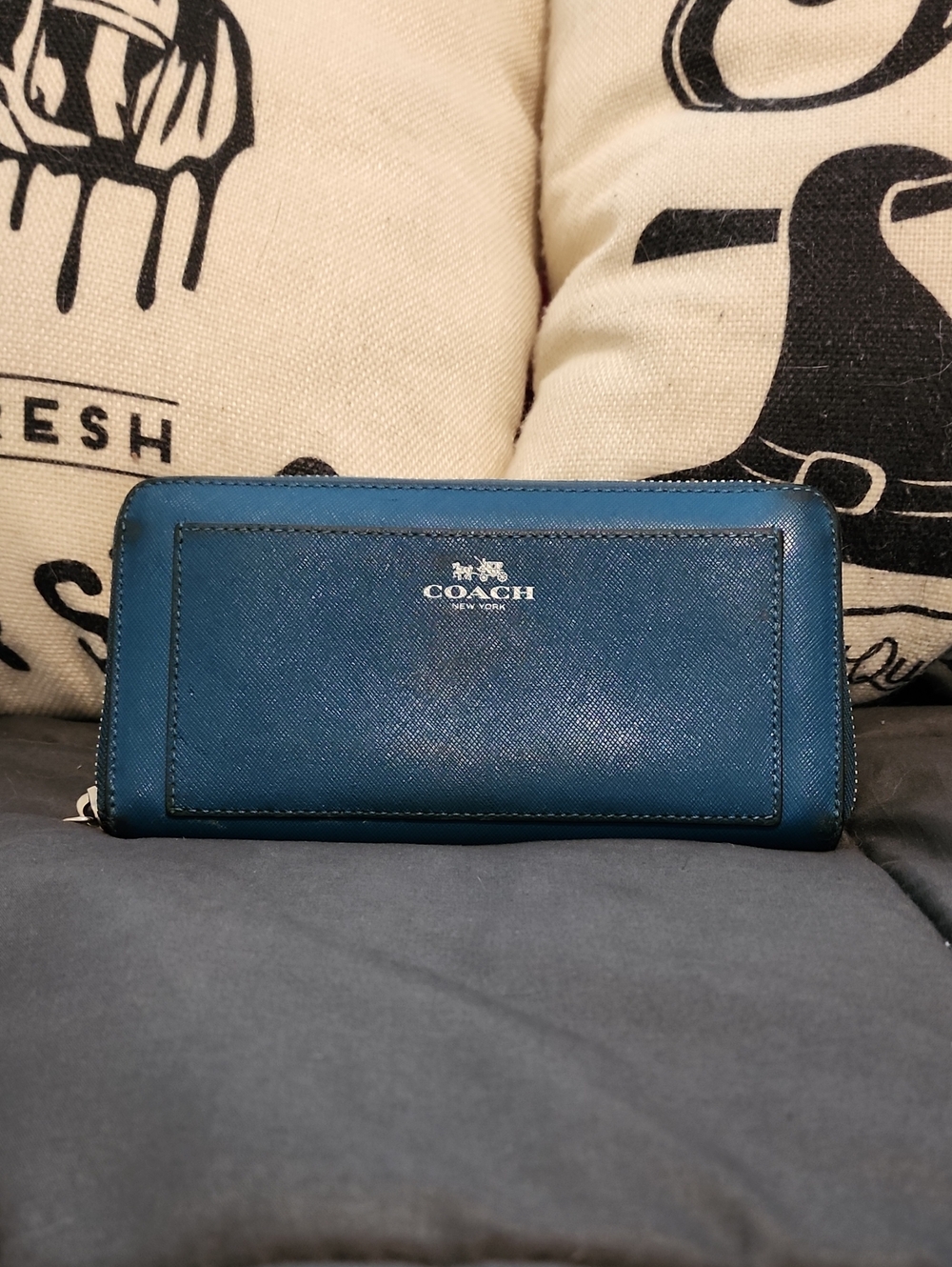 COACH Teal Blue Saffiano Zip-Around Leather Wallet